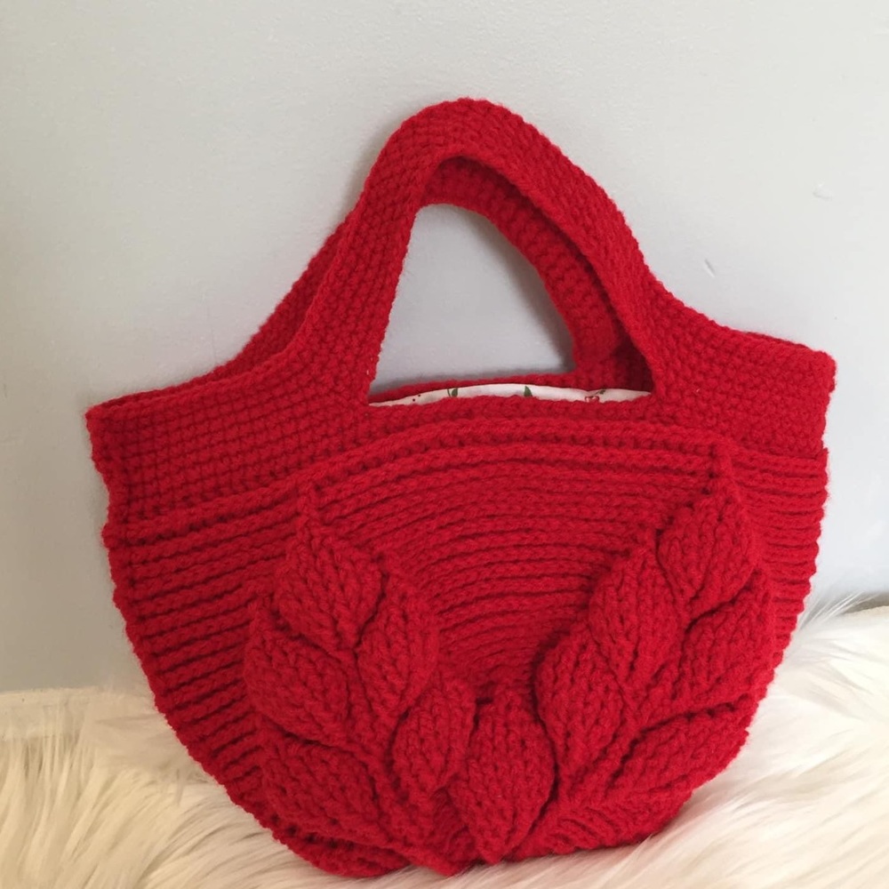 🔥NEW🔥 Crochet Handmade 3D-Leaf Bag, Red Cherries Drawstring Lining | Lunch bag